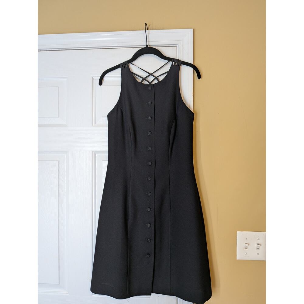 Ann Tobias Button Front Cocktail Dress Size 4 Black 90s Vintage Minimalist